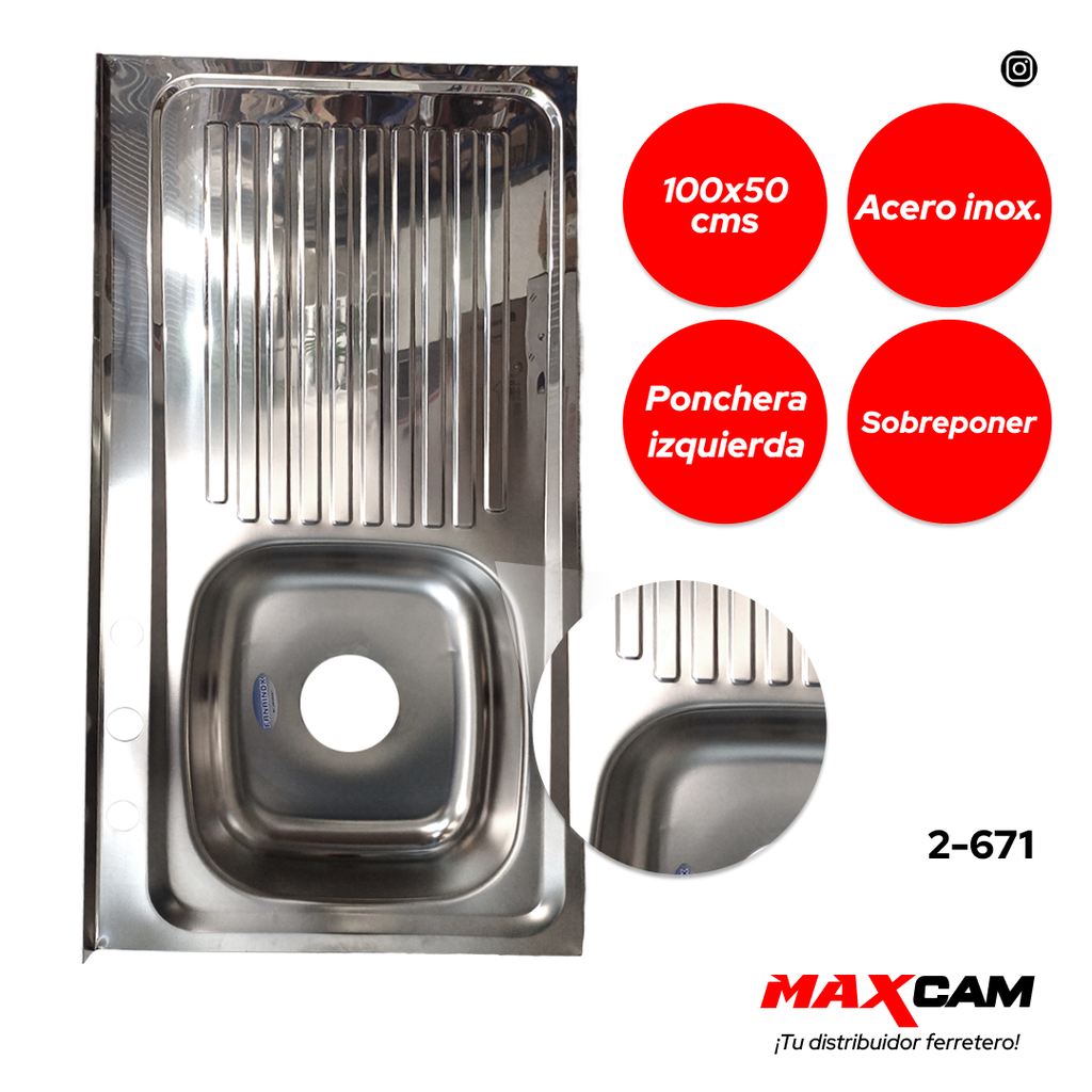 FREGADERO A INOX SENC IZQ C/ESCURR 100X50CM FANAINOX 2-671