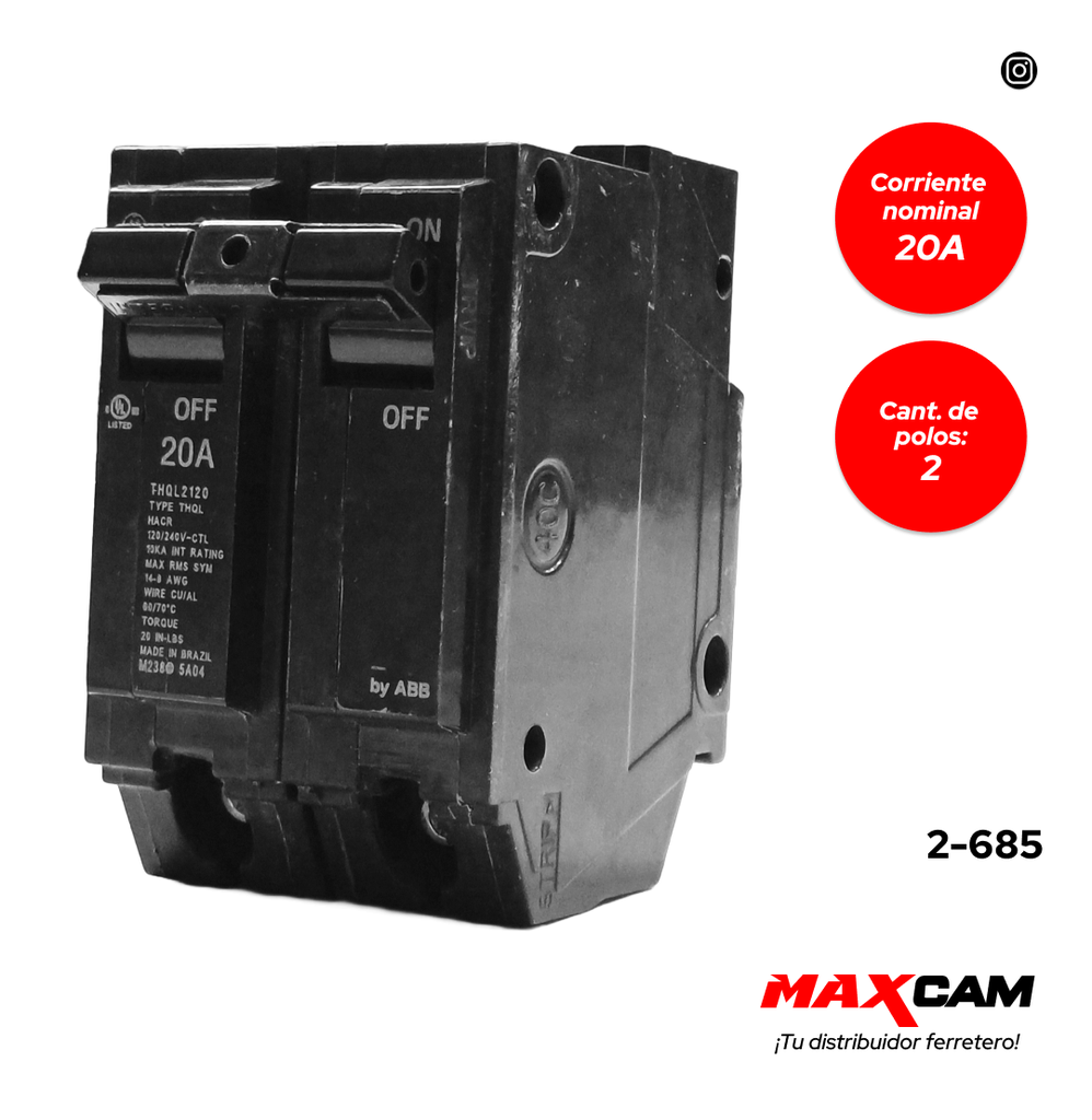 BREAKER PARA EMPOTRAR 2 X 20 AMP. G.E 2-685
