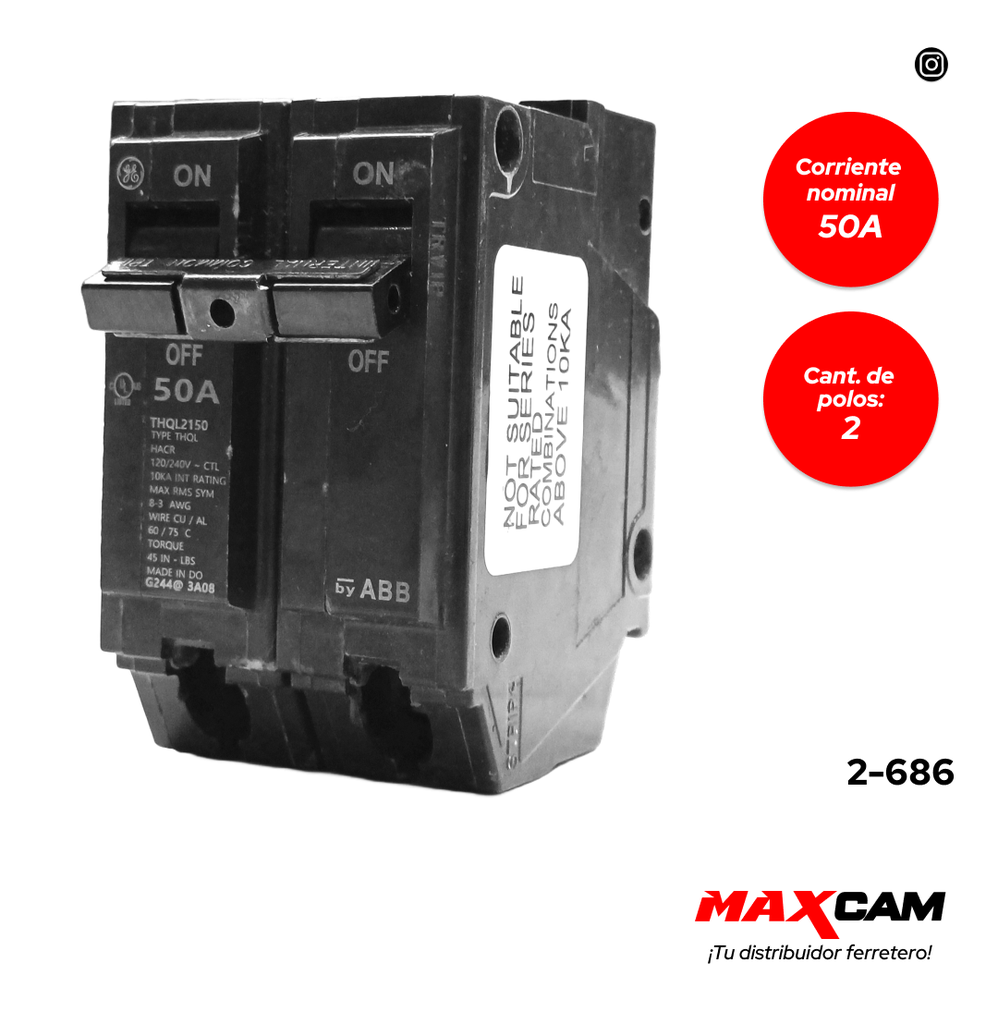 BREAKER PARA EMPOTRAR 2 X 50 AMP. G.E 2-686