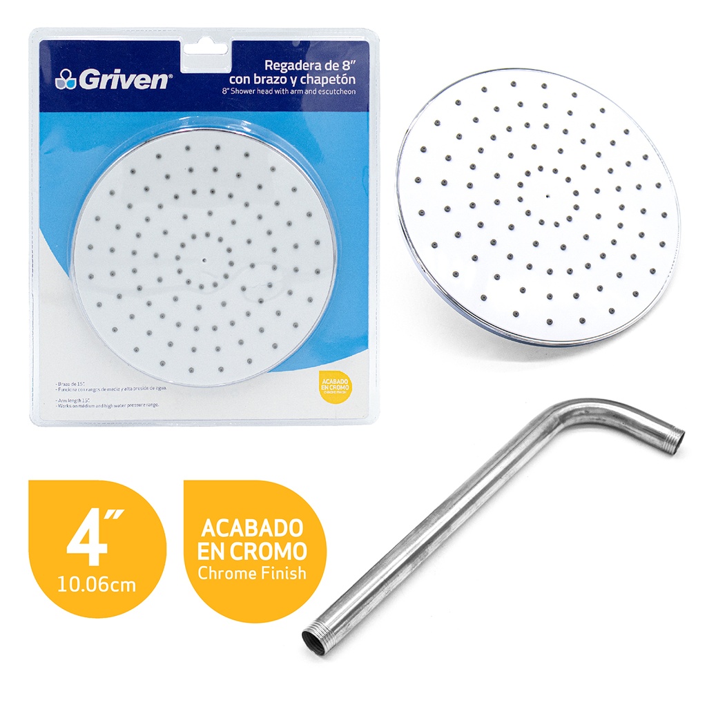 REGADERA REDONDA 8¨ C/TUBO ALTA PRESION GRIVEN 3-978 (DESC) 