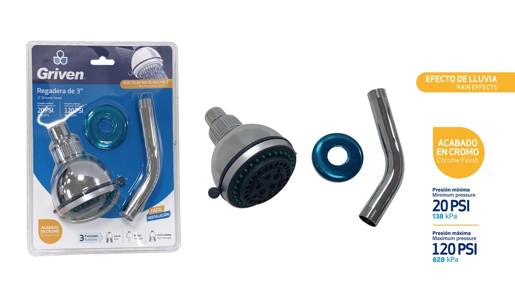 REGADERA RED 5 FUNC PLAS/CRO 3" C/TUBO GRIVEN 4-239