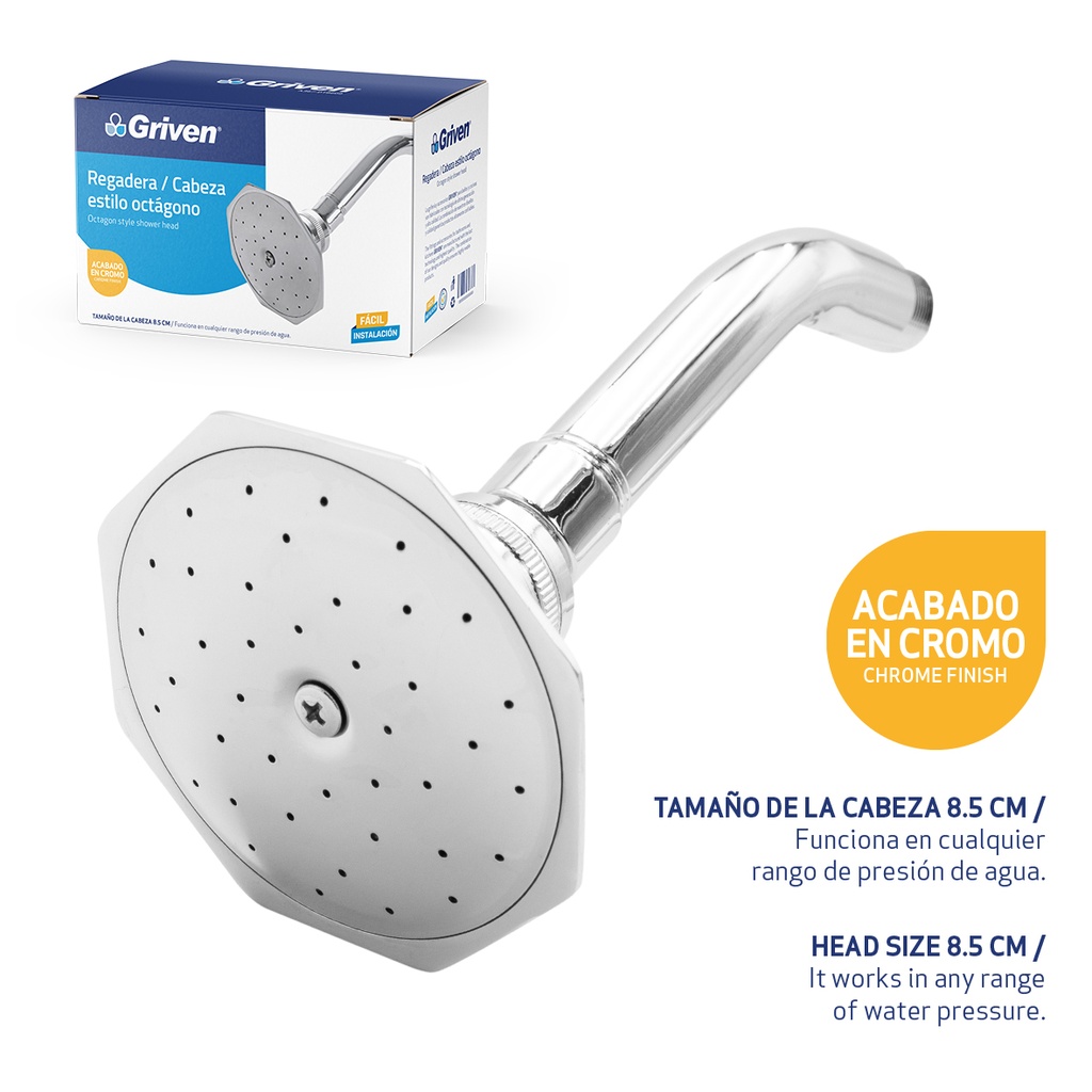 REGADERA OCTAGON 3.5" METALICA C/TUBO GRIVEN 4-245