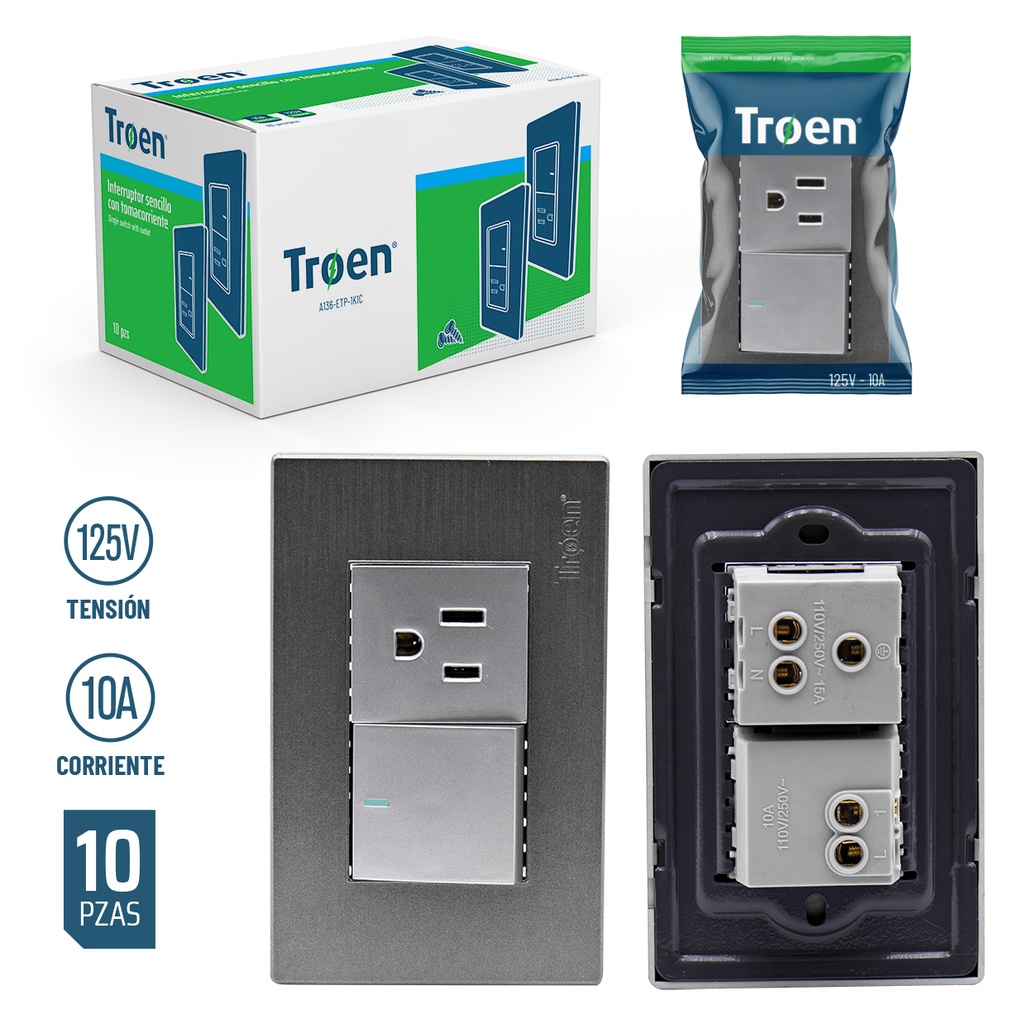 INTERRUPTOR SENCILLO+TOMA GRIS TROEN 4-324