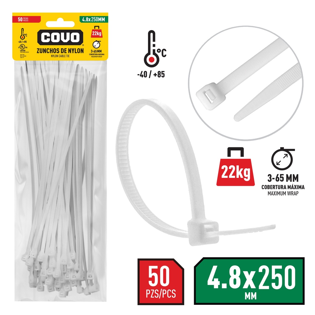 TIRRAP 4.8mm x 250mm x 50 UNID BLANCO COVO 4-357