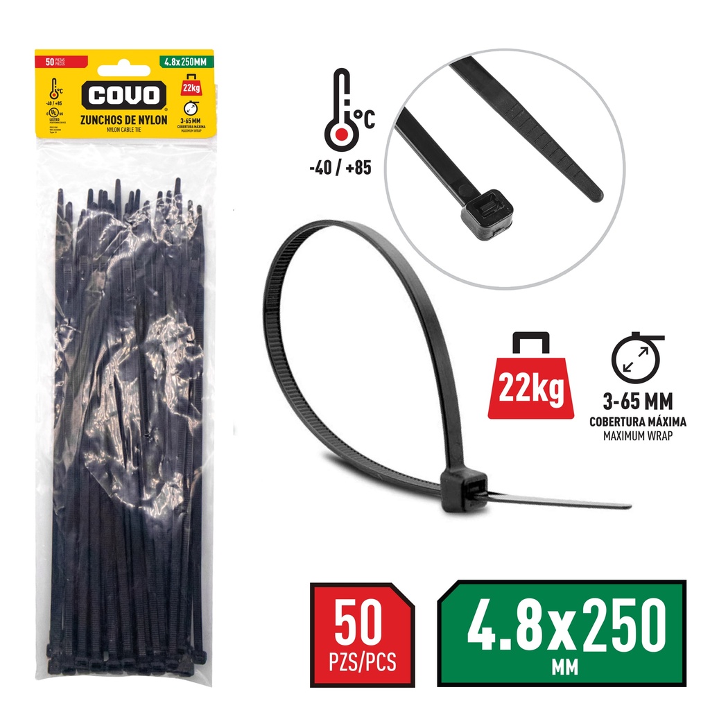 TIRRAP 4.8mm x 250mm x 50 UNID NEGRO COVO 4-358