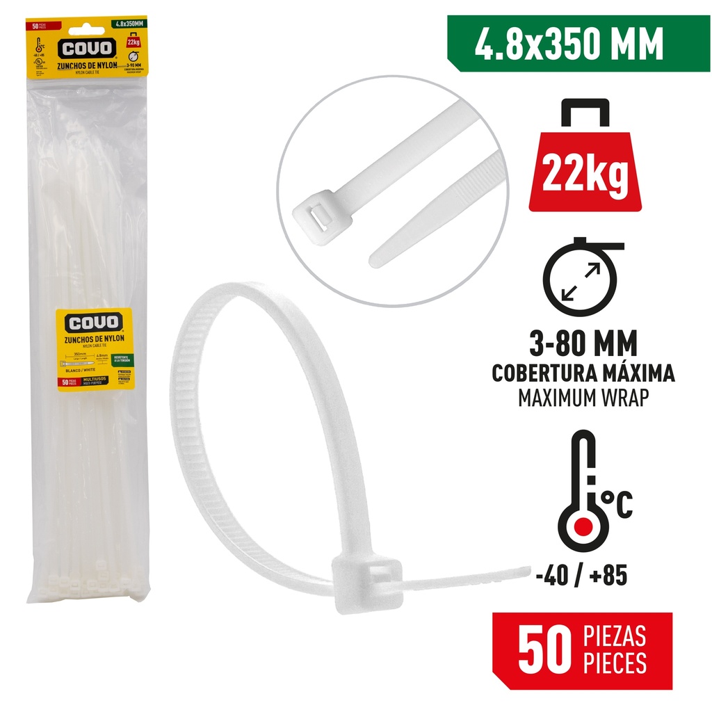 TIRRAP 4.8mm x 350mm x 50 UNID BLANCO COVO 4-361