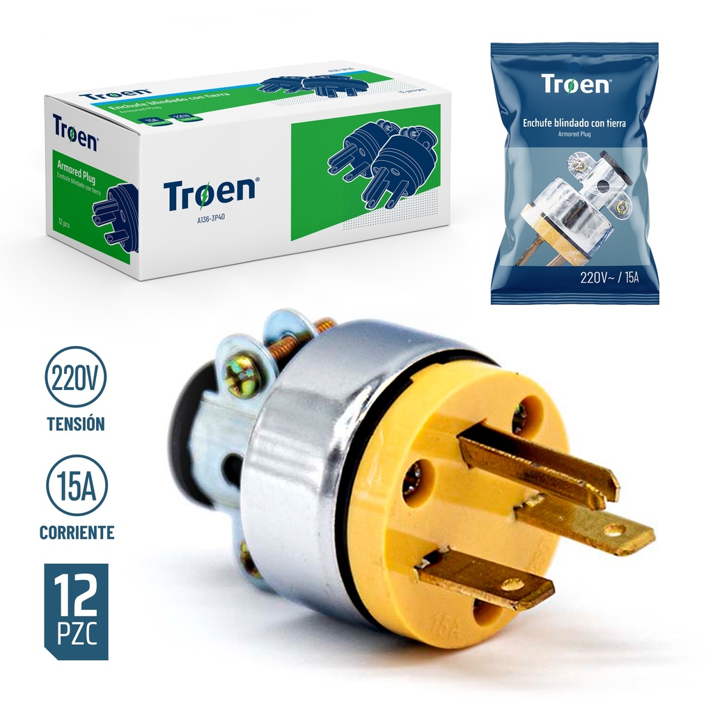 ENCHUFE deAMARILLO METAL VINIL CHINO 2P+T TROEN 4-383