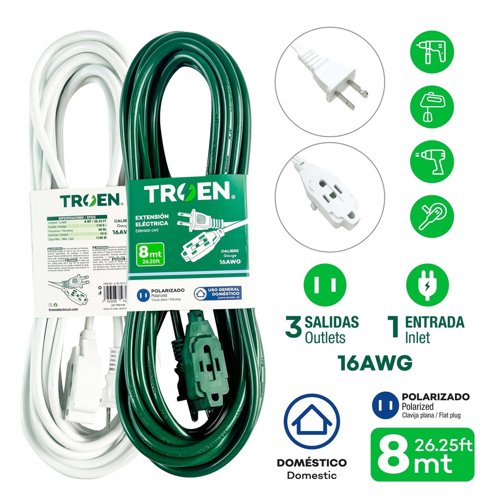 EXTENSION ELECTRICA 2x16 8MTS TROEN 4-615