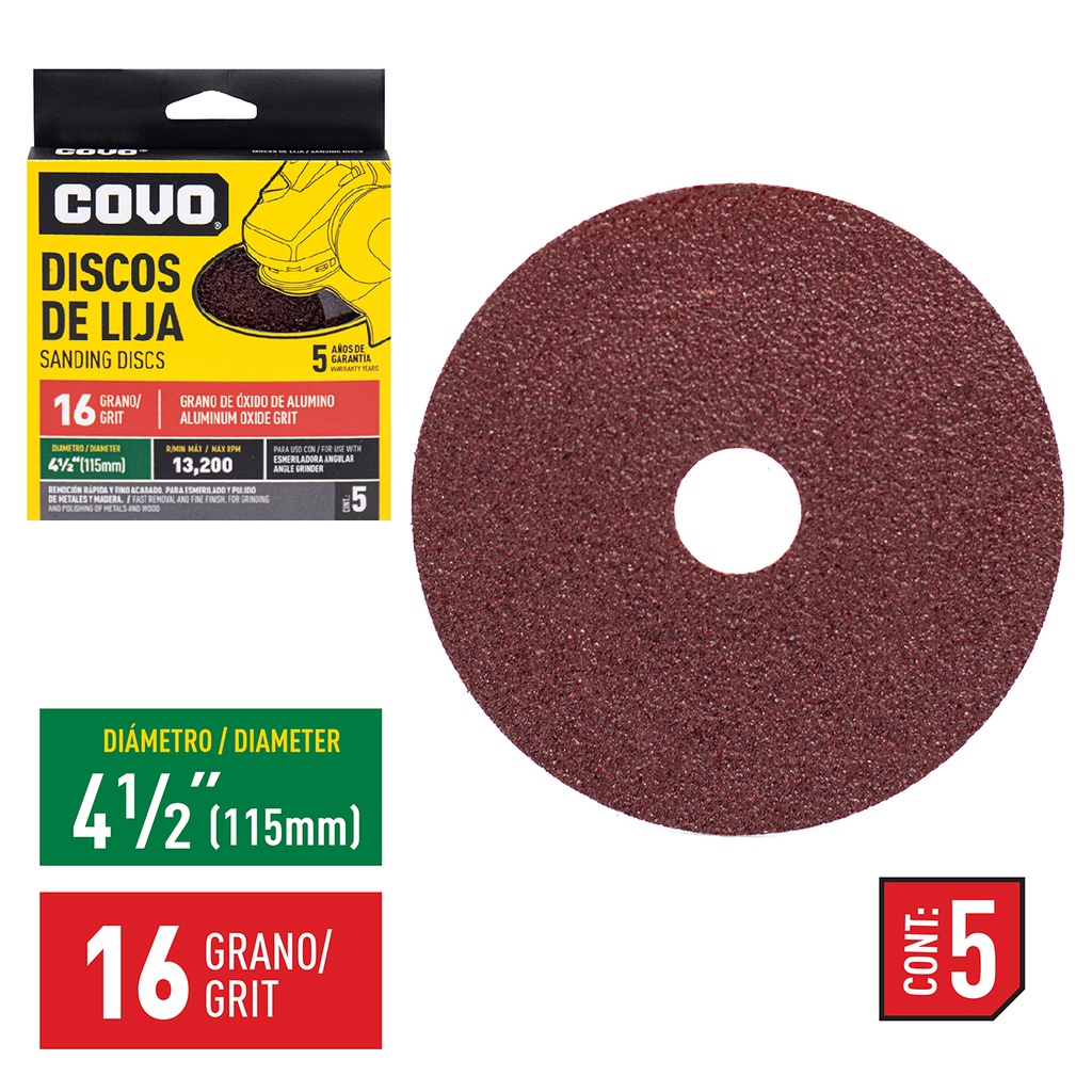 DISCO DE LIJA 4-1/2" GRANO 16 x 5 UNID COVO 4-748