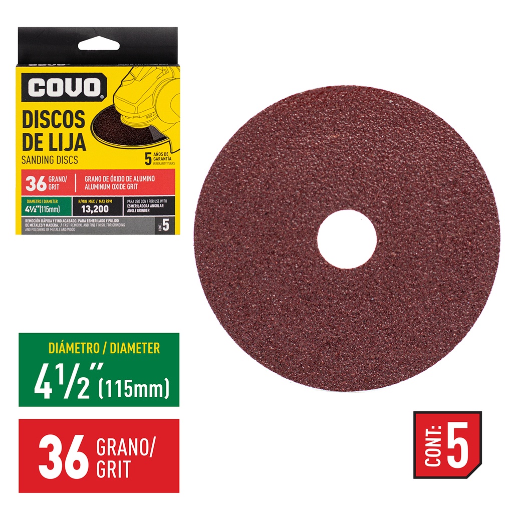 DISCO DE LIJA 4-1/2" GRANO 36 x 5 UNID COVO 4-750
