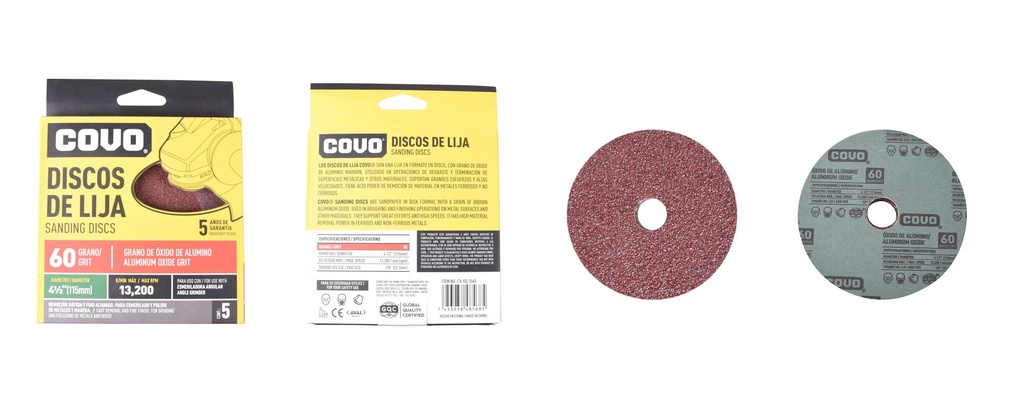 DISCO DE LIJA 4-1/2" GRANO 60 x 5 UNID COVO 4-751