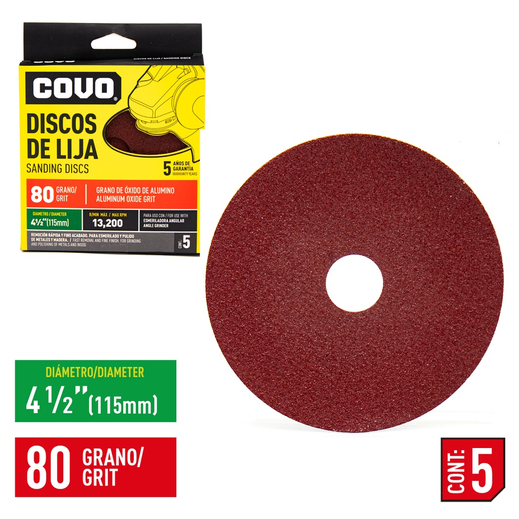 DISCO DE LIJA 4-1/2" GRANO 80 x 5 UNID  COVO 4-752