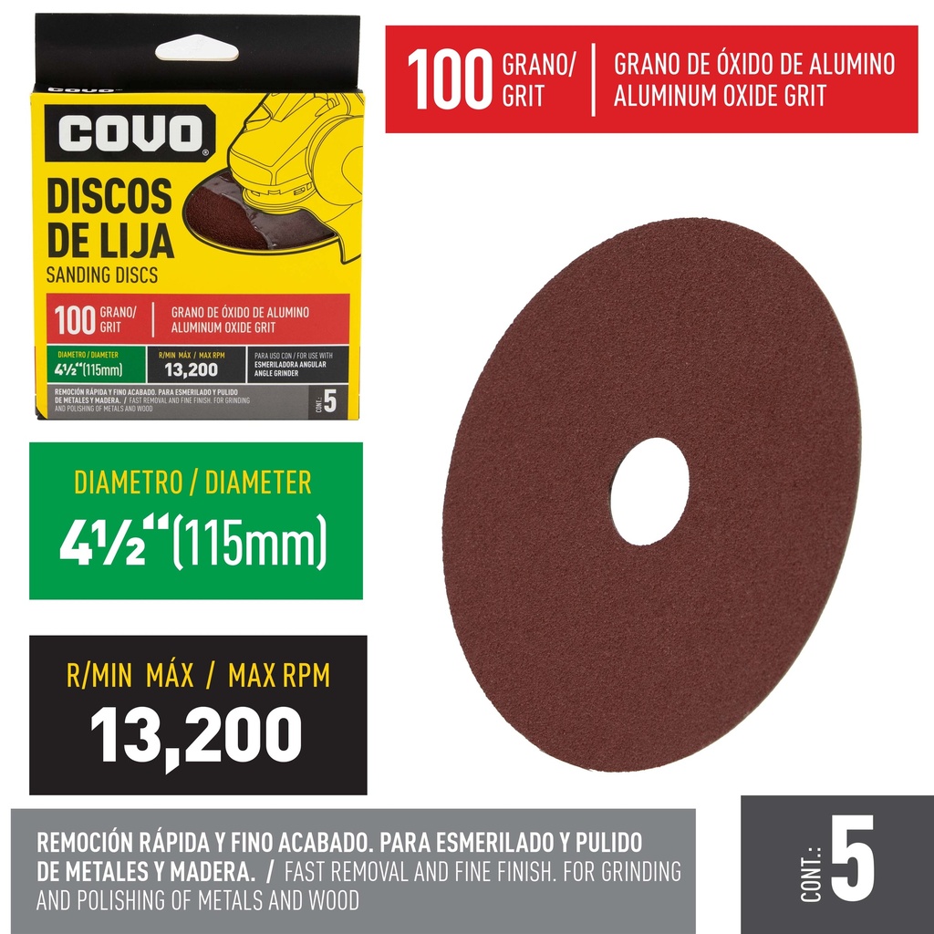 DISCO DE LIJA 4-1/2" GRANO 100 x 5 UNID COVO 4-753