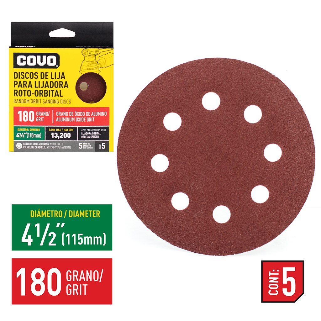 DISCOS P/LIJAD ROTO-ORBITAL 4 1/2 G180 x 5 UNI COVO 4-787