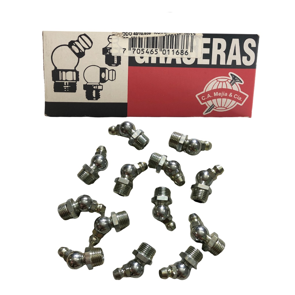 GRASERA 1/8" N.P.T 12 CODO 45° x 50 UNID MEJIA 0-393