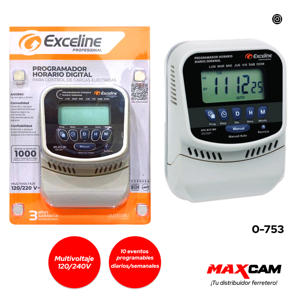 RELOJ PROGRAMADOR DIGITAL 120/220V EXCELINE 0-753