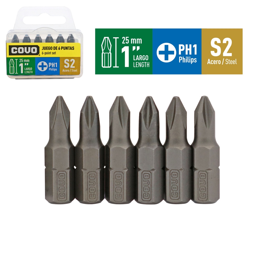 JUEGO DE PUNTAS PH1 1" X 6 PCS COVO 9-277
