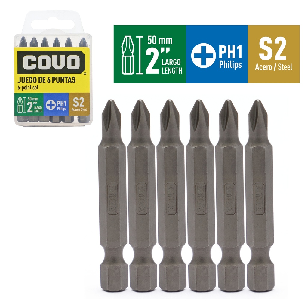 JUEGO DE PUNTAS PH1 2" X 6 PCS COVO 9-278