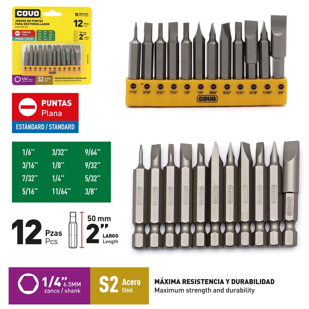JUEGO DE PUNTAS PLANAS 2" X 12 PCS COVO 9-284