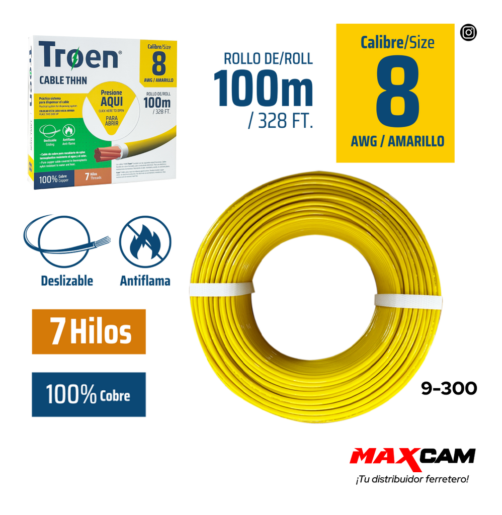 CABLE THHN 8 AMARILLO 100MTS 100% COBRE TROEN 9-300