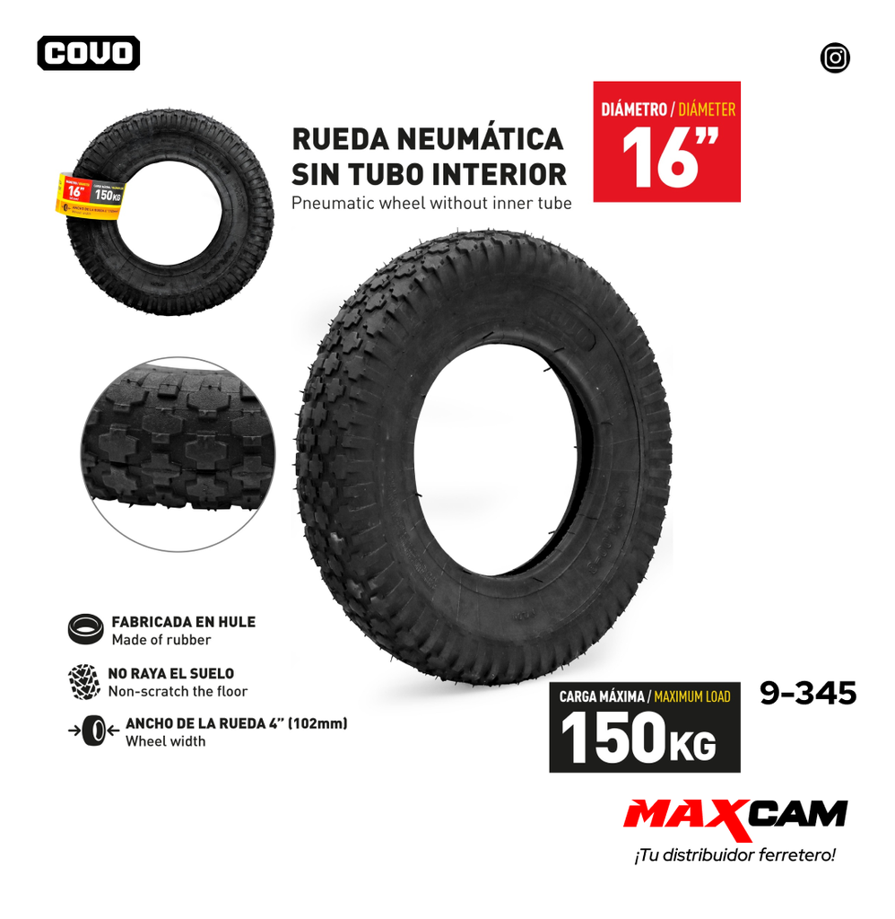 RUEDA NEUMATICA S/TUBO INTERIOR 16" COVO 9-345