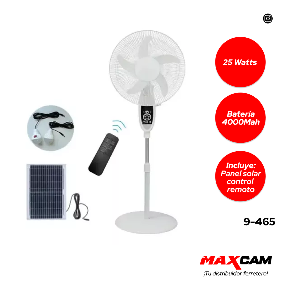 VENTILADOR RECARGABLE 18" C/PANEL SOLAR V-TEG 9-465