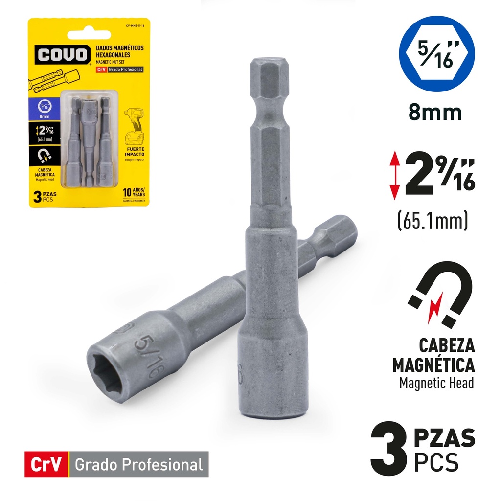 JUEGO DADO MAGNETICO 3 PCS x 5/16 HEX COVO 9-505