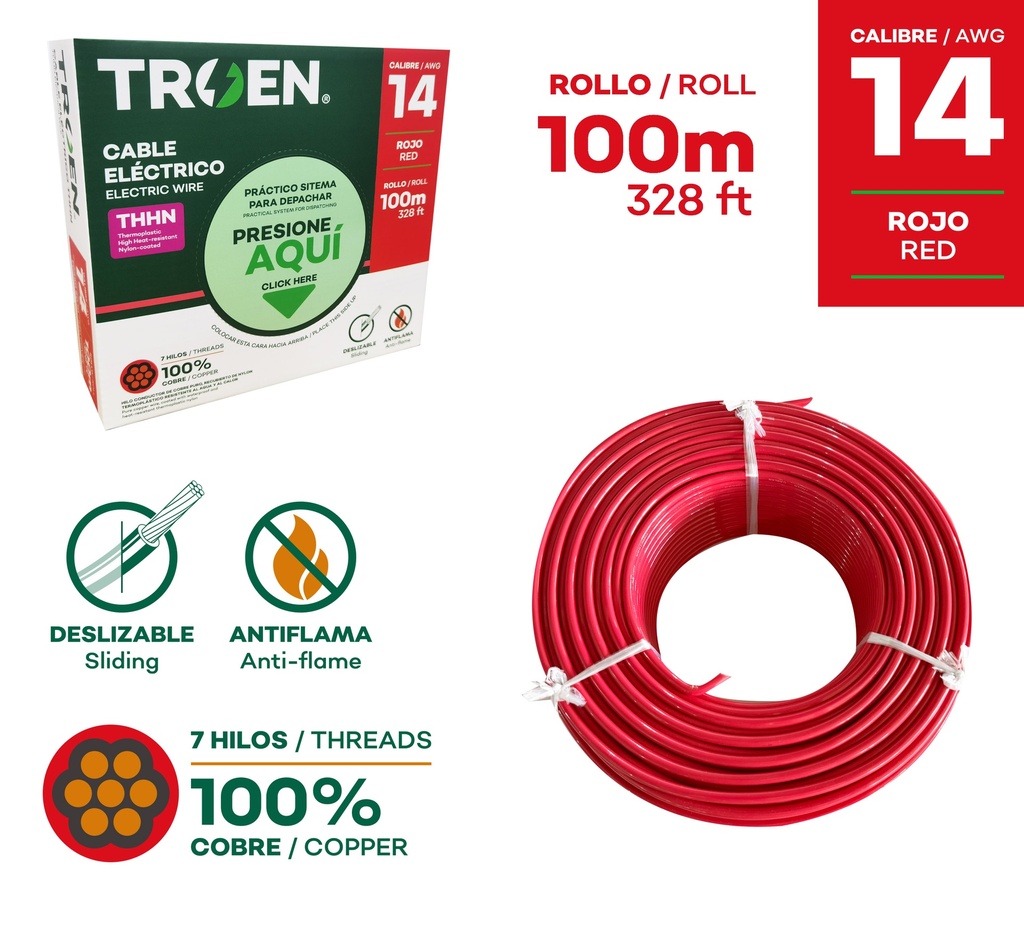 CABLE THHN 14 ROJO 100MTS 100% COBRE TROEN 9-509