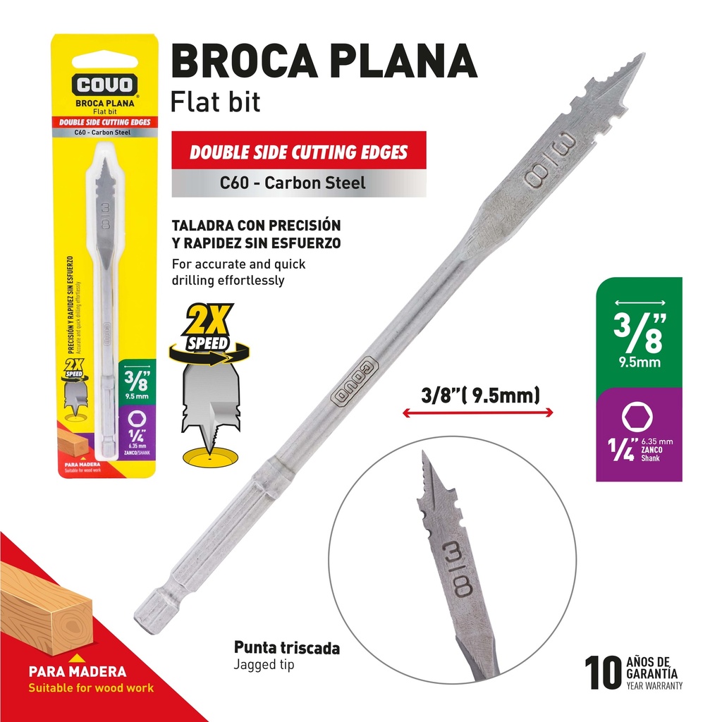 MECHA PLANA P/MADERA x 3/8" COVO 9-590
