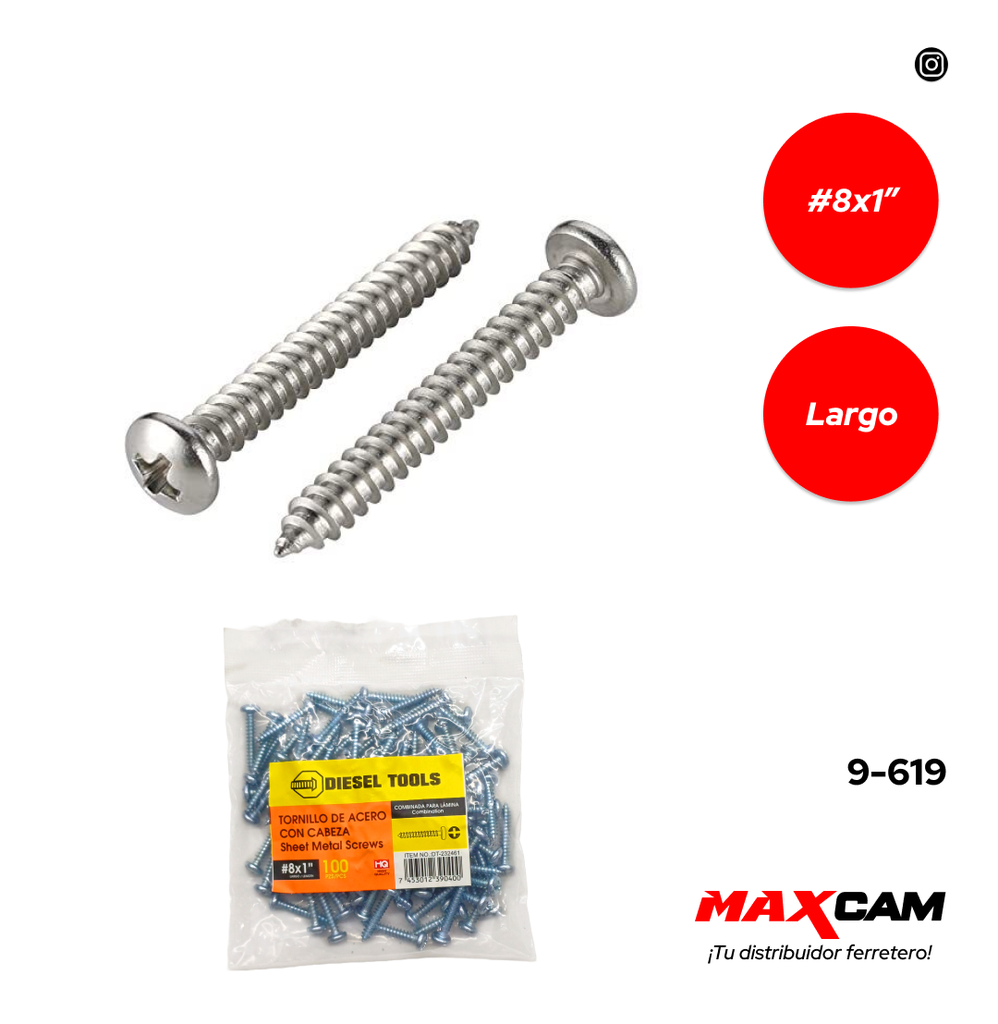 TORNILLO AUTORROSCANTE CABEZA PAN 8 x 1" x 100 UNID DIESEL T 9-619