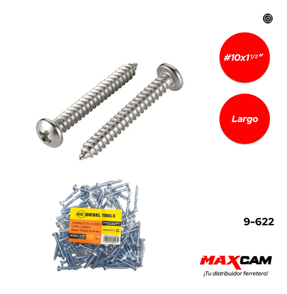 TORNILLO AUTORROSCANTE CABEZA PAN 10 x 1 1/2" x 100 UNID DIESEL T 9-622