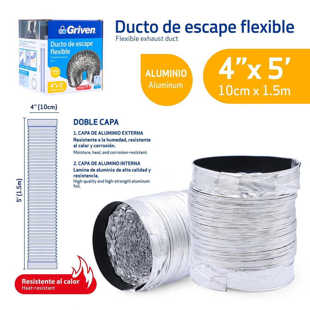 DUCTO FLEXIBLE DE ALUMINIO 4" x 1.5 MTS GRIVEN 9-676