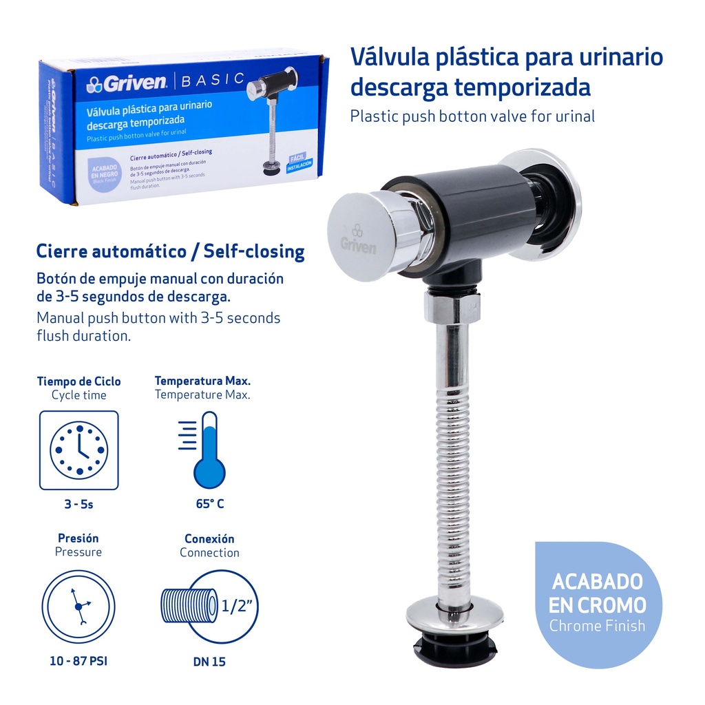 VALVULA P/URINARIO PLAST NEGRA GRIVEN BASIC 9-677