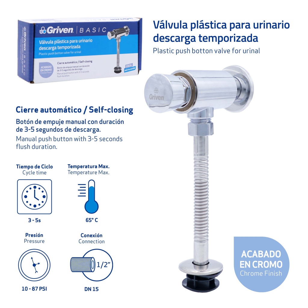 VALVULA P/URINARIO PLAST CROMADA GRIVEN BASIC 9-678