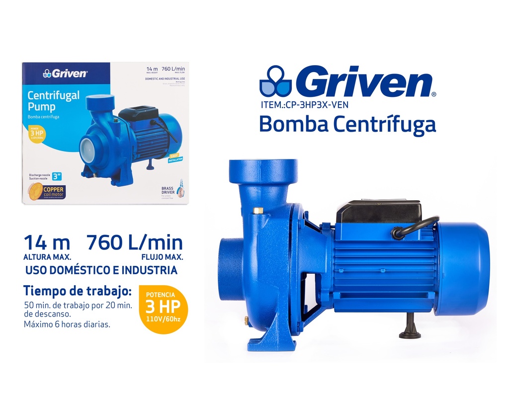 BOMBA CENTRIFUGA 3" HP 100% COBRE GRIVEN 9-682