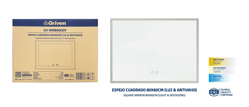 ESPEJO C/LUZ Y ANTIVAHO 80 x 60CM GRIVEN 9-697