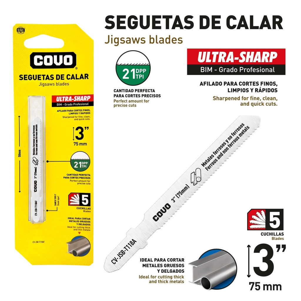 HOJA SEGUETA CALADORA 3" 21TPI x 5 UNID COVO 9-705