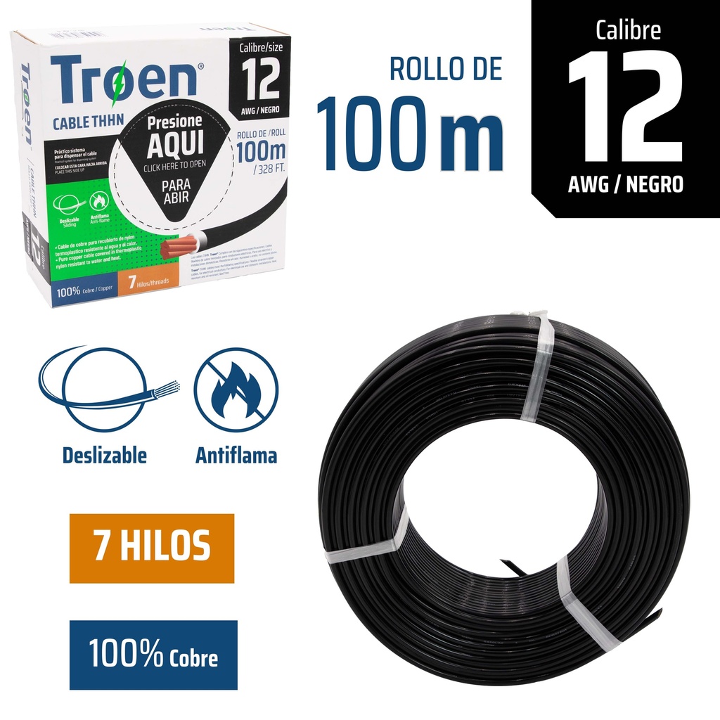 CABLE THHN 12 NEGRO 100MTS 100% COBRE TROEN 4-869