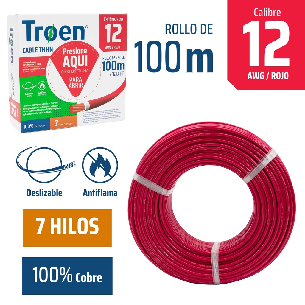 CABLE THHN 12 ROJO 100MTS 100% COBRE TROEN 4-870