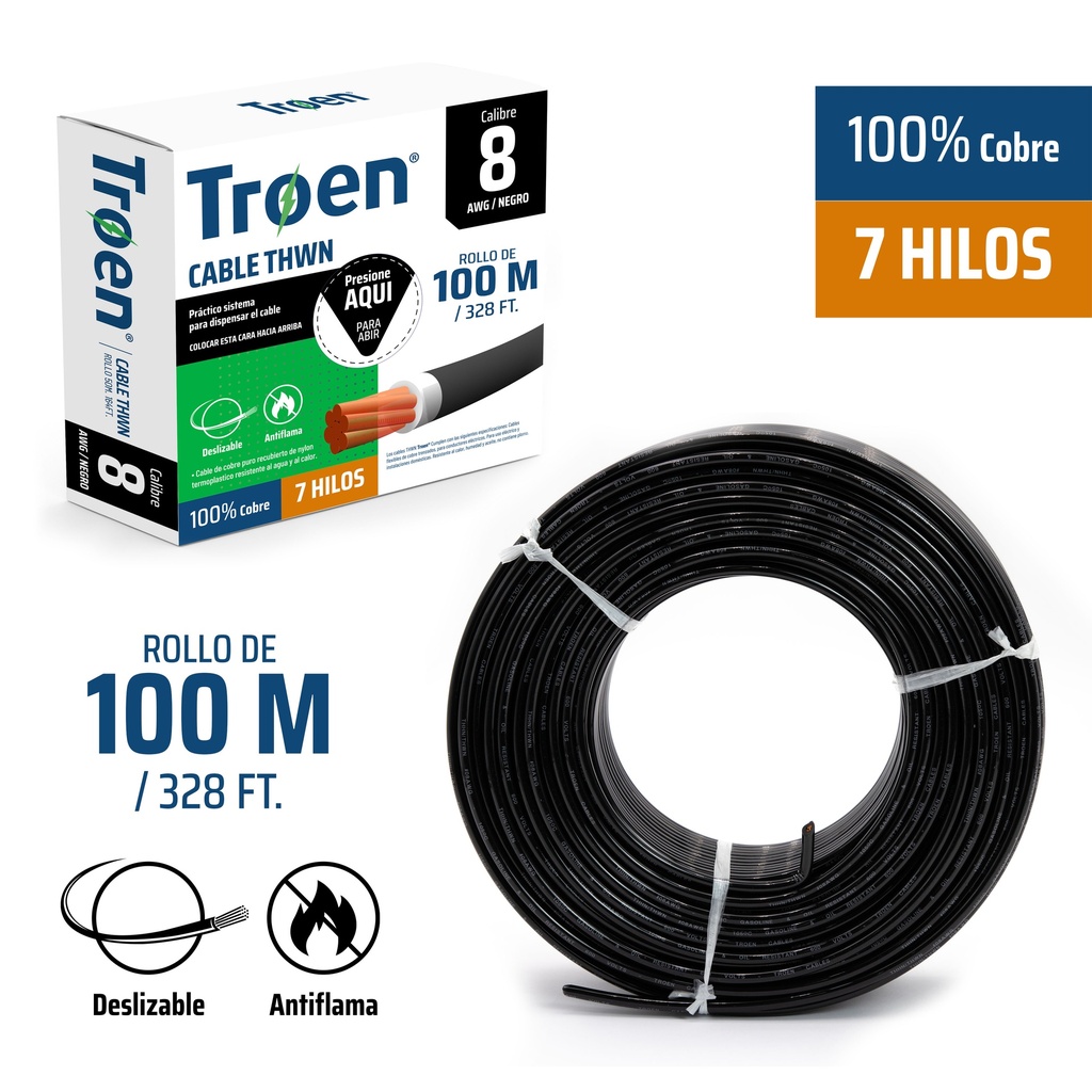 CABLE THHN 8 NEGRO 100MTS 100% COBRE TROEN 4-877