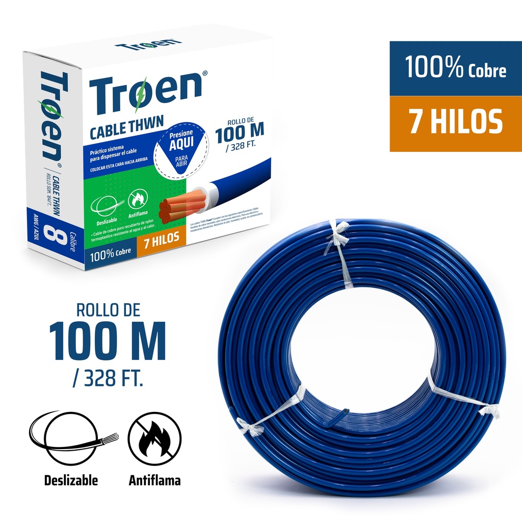CABLE THHN 8 AZUL 100MTS 100% COBRE TROEN 4-879
