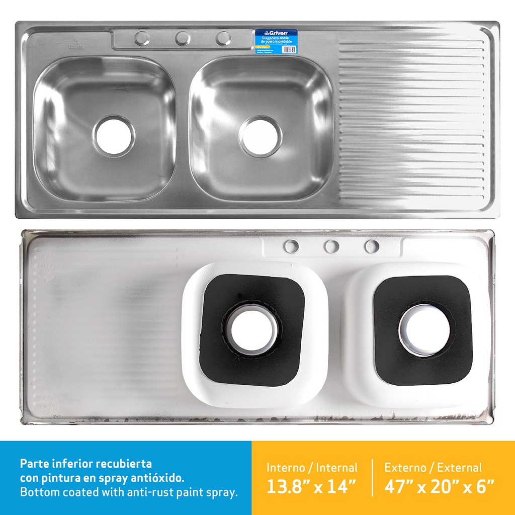 FREGADERO ACERO INOX DOBLE C/ESC 120X50CM GRIVEN 5-110