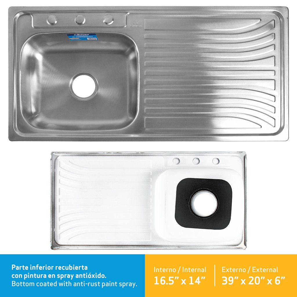 [5-113] FREGADERO ACERO INOX SENCI C/ESCURR 99X50CM GRIVEN 5-113