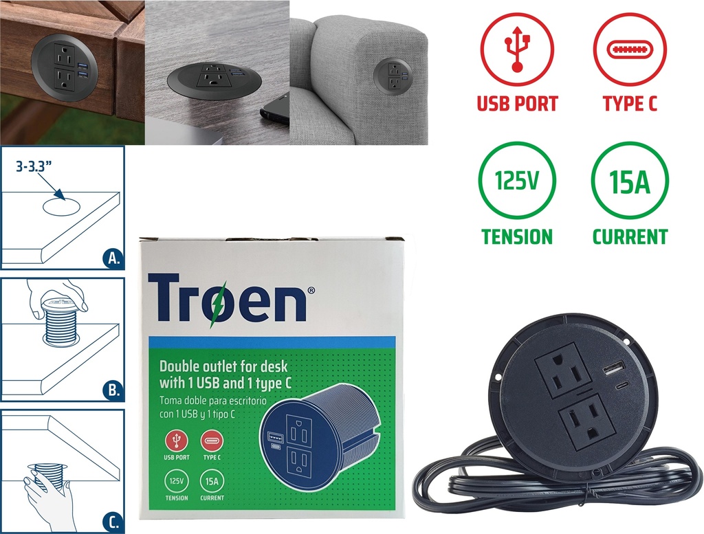 TOMA DOBLE EXTRAIBLE C/USB C/TIP C TROEN 8-218