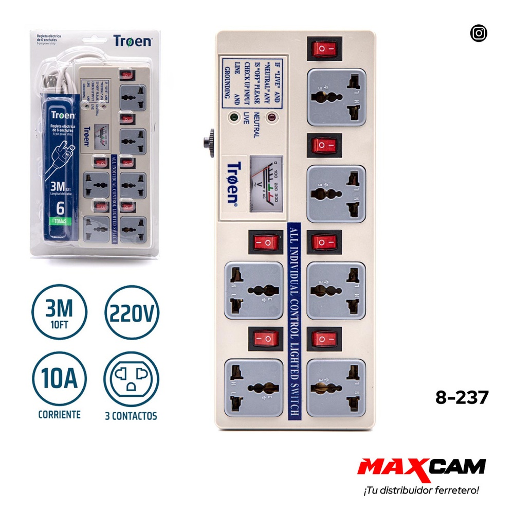 REGLETA 6 TOMAS C/MEDIDOR TROEN 8-237