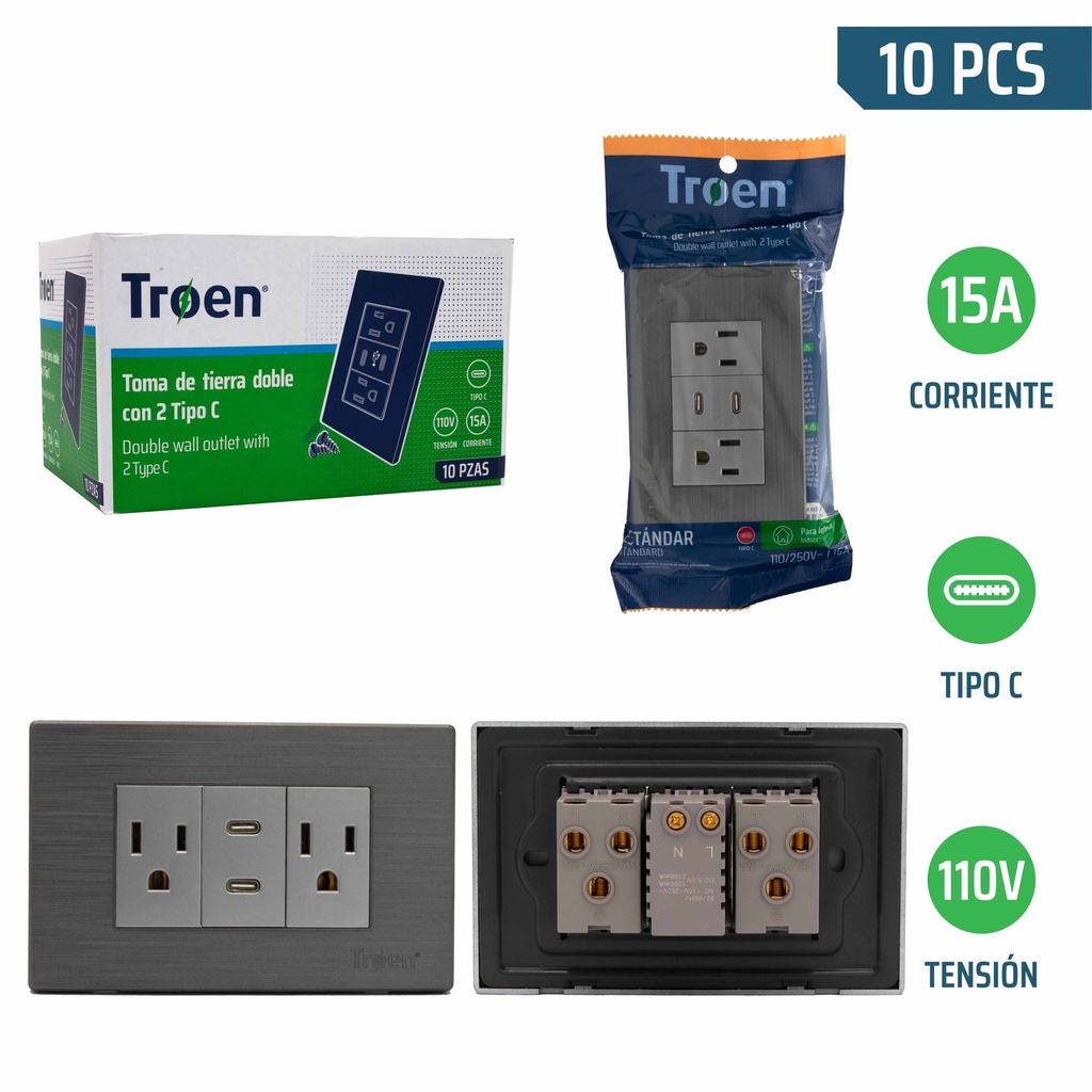 TOMA DOBLE C/TIERRA C/PUERTO TIPO C GRIS TROEN 8-263