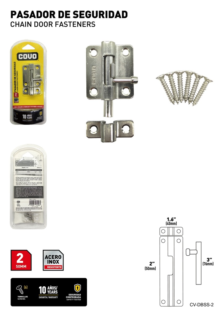 PASADOR DE SEGURIDAD ACERO INOX 2" COVO 8-286