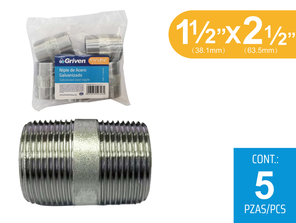 NIPLE GALVANIZADO 1 1/2 x 2 1/2" GRIVEN 8-333
