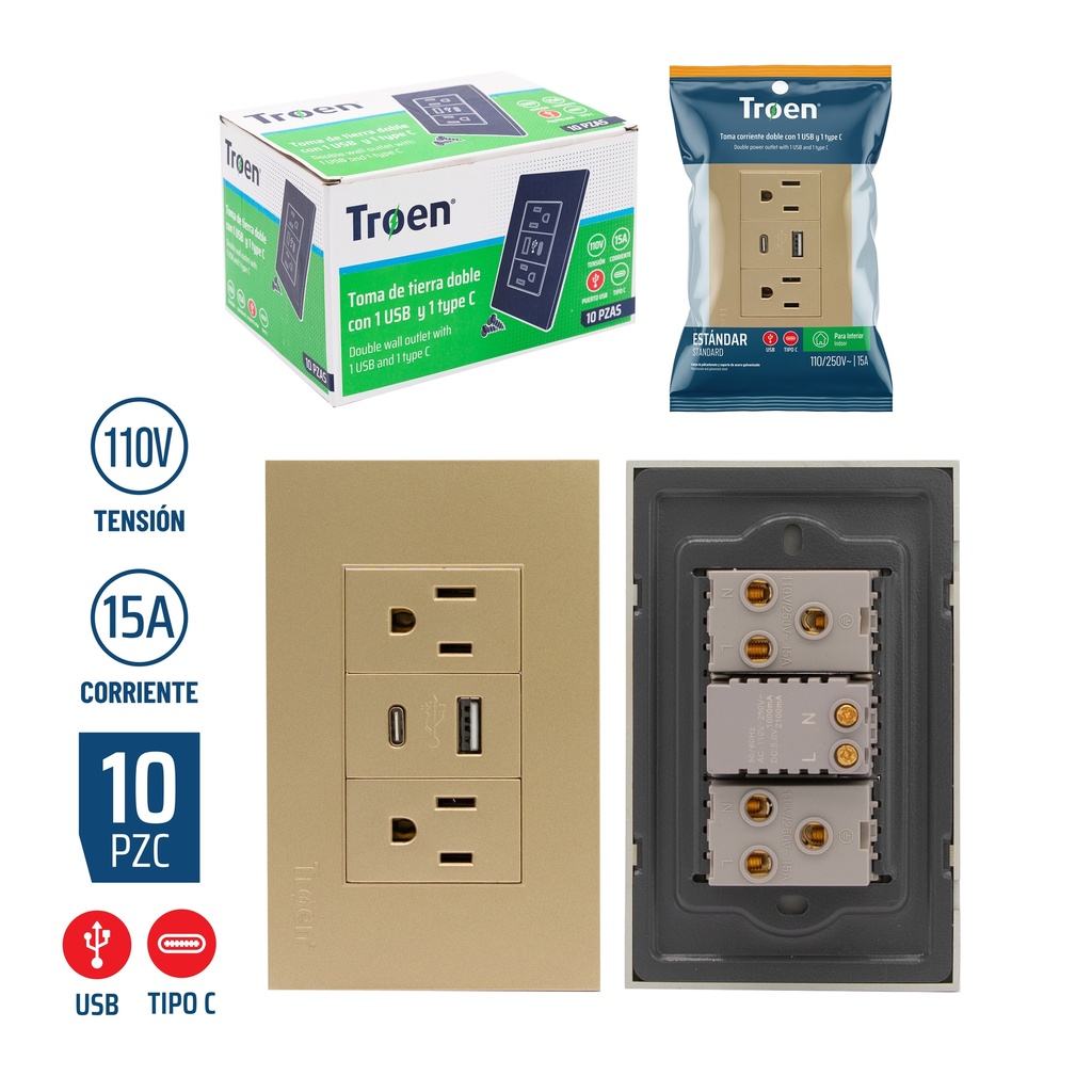 TOMA DOBLE C/TIERRA C/PUERTO USB + TIPO C GOLD TROEN 8-372