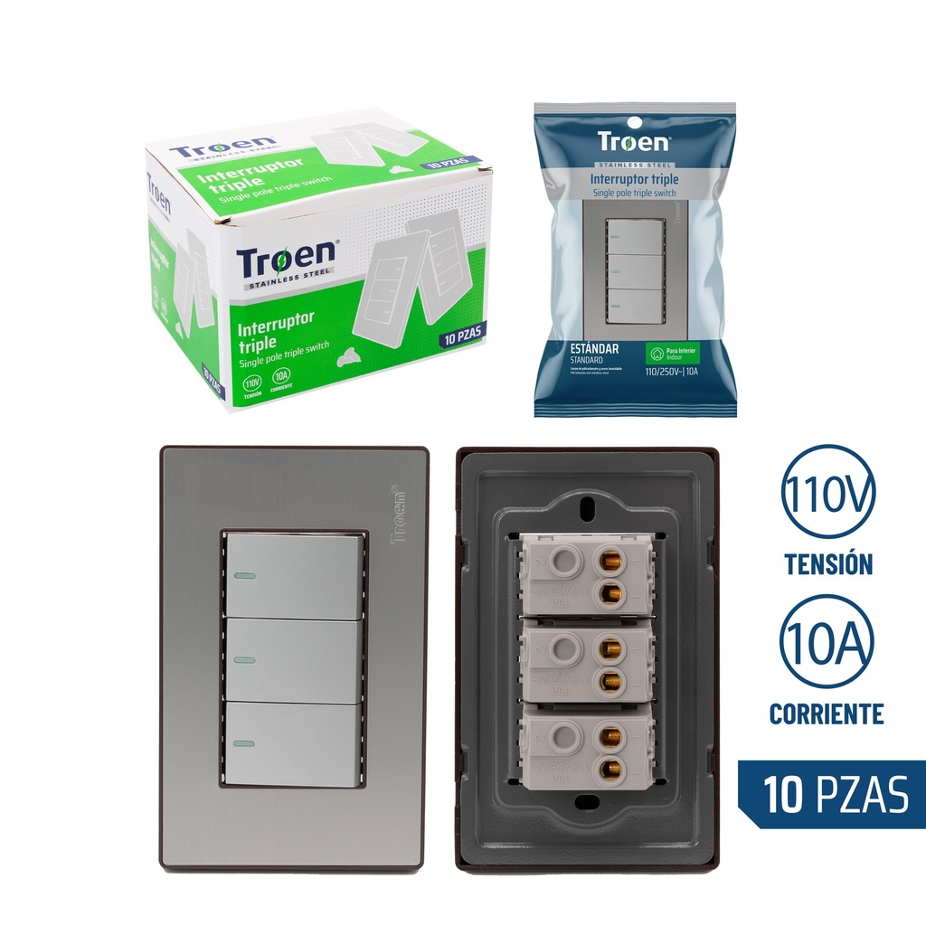 INTERRUPTOR TRIPLE ACERO INOX TROEN 8-510